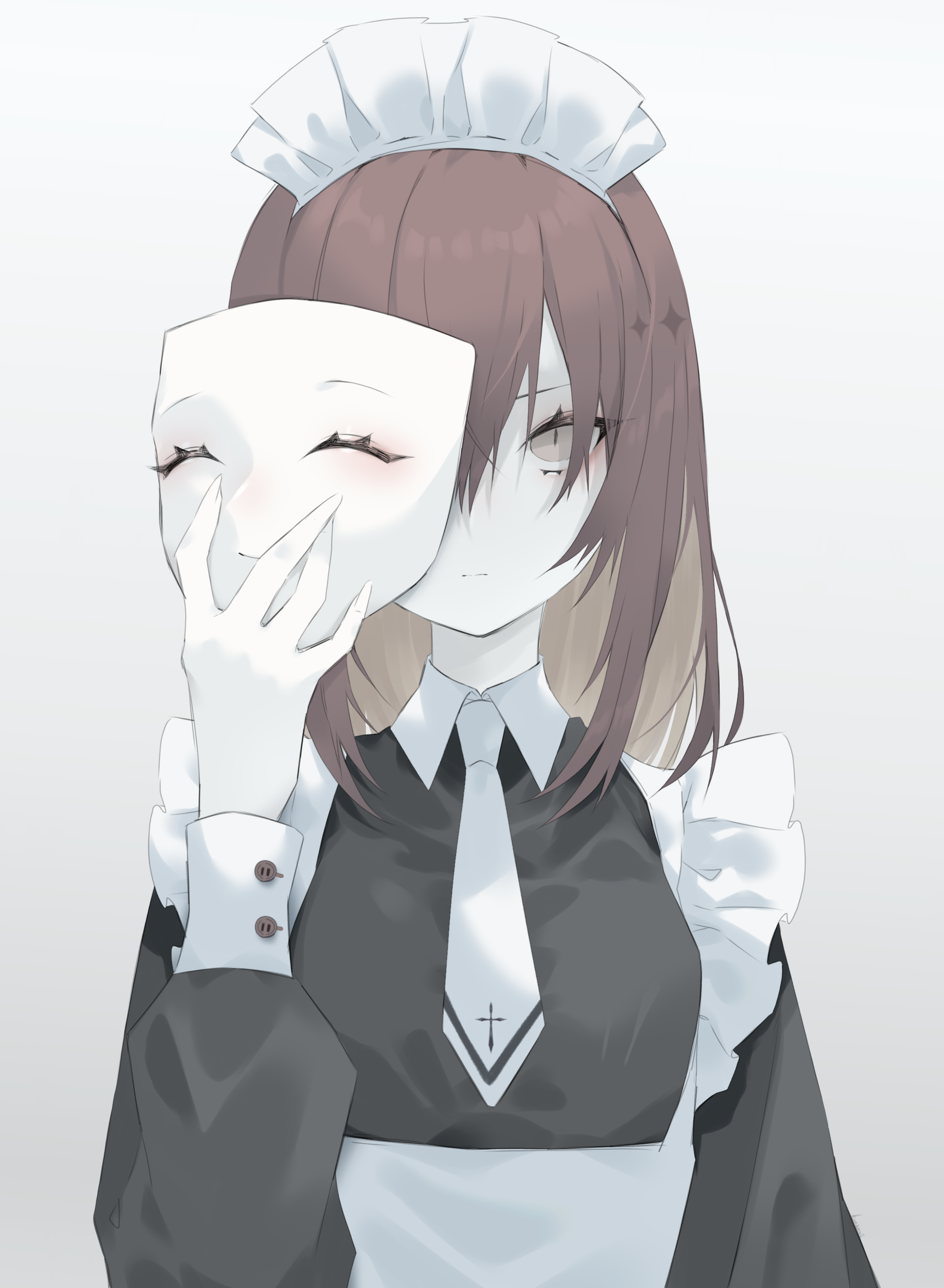 1girl absurdres apron black_dress breasts brown_eyes brown_hair closed_mouth commentary_request dress expressionless grey_background hair_between_eyes highres holding holding_mask kotarou_(kot_mochi) long_sleeves looking_at_viewer maid maid_apron maid_headdress mask medium_hair necktie one_eye_covered original simple_background slit_pupils solo straight-on upper_body white_apron white_necktie