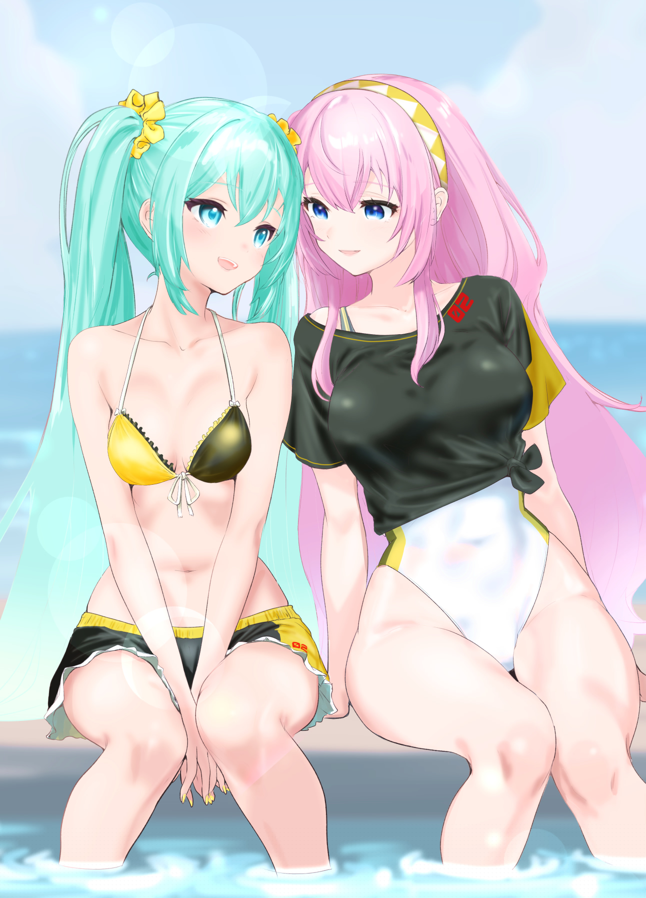 2girls aqua_eyes aqua_hair bare_legs bare_shoulders bikini blue_eyes blurry blurry_background breasts female_focus hairband hatsune_miku heads_together highres looking_at_another megurine_luka multiple_girls navel one-piece_swimsuit pink_hair pool poolside scrunchie shirt_tied_around_waist sitting snowowl515 swimsuit swimsuit_skirt twintails vocaloid yellow_hairband yellow_nails yellow_scrunchie yuri