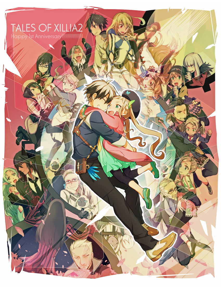 6+boys 6+girls agria_(tales) alvin_(tales) anniversary bad_id bad_pixiv_id bisley_karcsi_bakur black_hat copyright_name driselle_k._sharil elize_lutus elle_mel_martha everyone gaius_(tales) green_shirt hat hug ivar_(tales) jude_mathis julius_will_kresnik khronos lal_mel_marta leia_rolando ludger_will_kresnik maruishi milla_(fractured) milla_maxwell multiple_boys multiple_girls muzet_(tales) nova_(tales) origin pink_background rideau rideau_(tales) rollo_(tales) rowen_j._ilbert shirt tales_of_(series) tales_of_xillia tales_of_xillia_2 teepo_(tales) vel_(tales) victor_(tales)