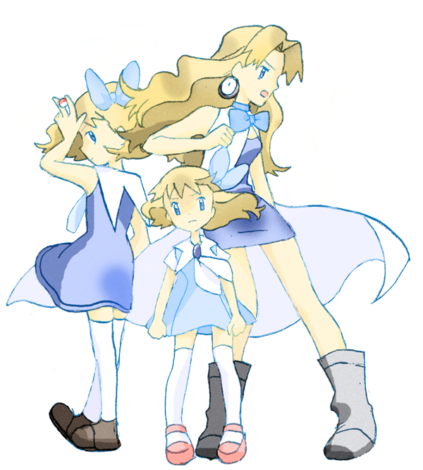 1girl age_progression aged_up bare_arms barefoot blonde_hair blue_dress blue_eyes bow breasts closed_mouth dress floating_clothes floating_hair from_side hair_bow holding holding_poke_ball long_hair looking_at_viewer medium_hair molly_hale multiple_persona negi_umai nintendo parted_bangs poke_ball pokemon pokemon_(anime) pokemon_(classic_anime) pokemon_3:_the_movie_-_spell_of_the_unown:_entei simple_background smile solo white_background