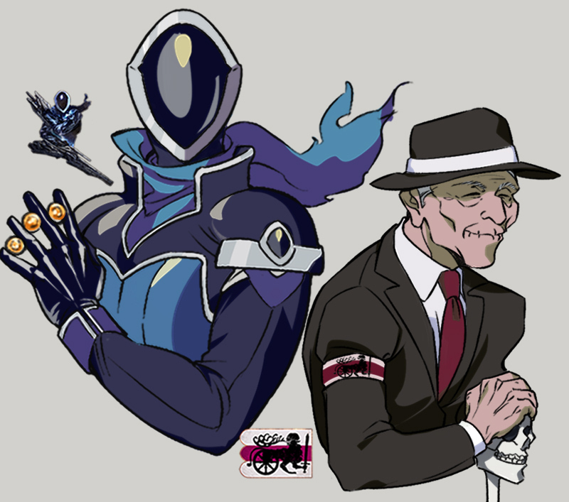 2boys armband armored_core armored_core_vi:_fires_of_rubicon black_gloves black_hat black_jacket blue_bodysuit blue_scarf bodysuit cane closed_eyes coin coldcall_(armored_core) collared_bodysuit collared_shirt cropped_torso dress_shirt formal_clothes gloves grey_background hat helmet holding holding_cane holding_coin holding_skull jacket logo male_focus multiple_boys necktie nosaac_(armored_core_vi) old old_man personification red_armband red_necktie refus scarf shirt short_hair simple_background skull suit suit_jacket torn_clothes torn_scarf trilby white_hair white_shirt