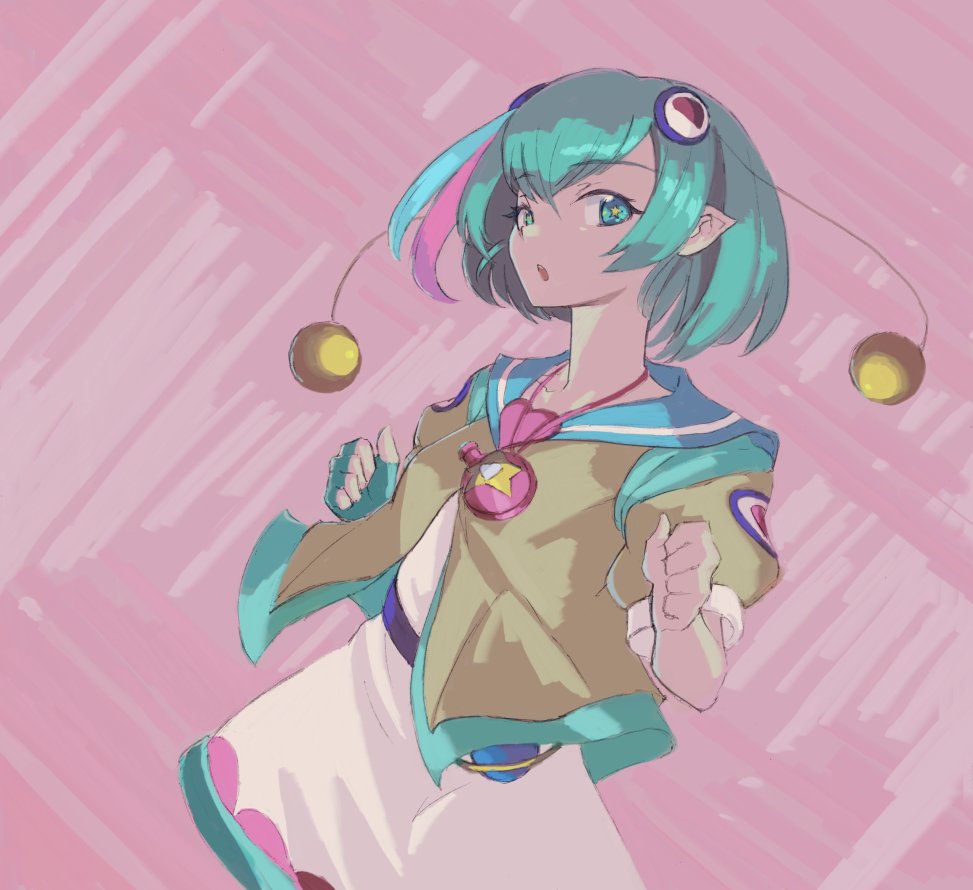 1girl aqua_eyes aqua_gloves aqua_hair blue_hair blue_sailor_collar dress fingerless_gloves gloves hagoromo_lala hair_between_eyes heart jewelry looking_at_viewer multicolored_hair necklace open_mouth pink_background pink_hair pointy_ears precure puffy_short_sleeves puffy_sleeves sailor_collar short_hair short_sleeves single_glove solo star-shaped_pupils star_(symbol) star_twinkle_precure streaked_hair symbol-shaped_pupils vaison white_dress