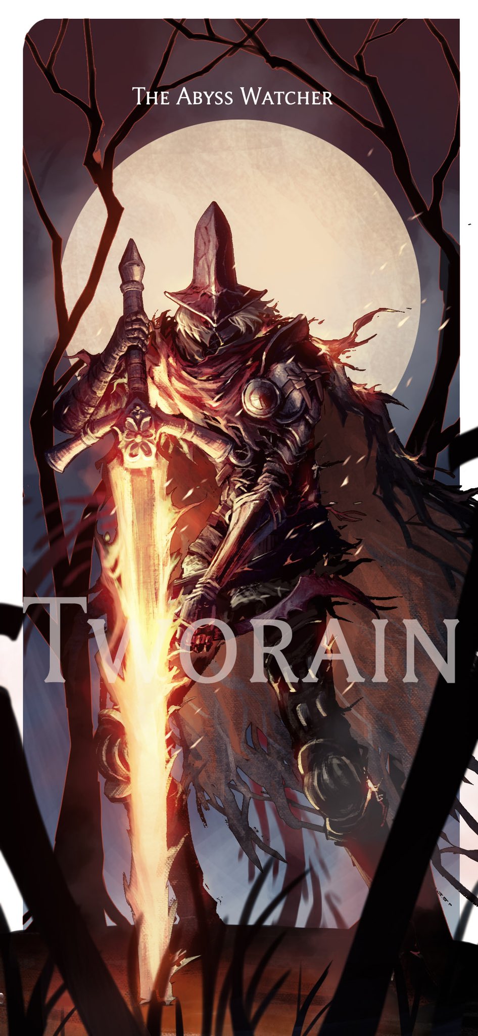 1boy abyss_watcher armor artist_name bandaged_arm bandages border cape character_request check_character chinese_commentary claymore_(sword) cloak commentary_request dark_souls_(series) dark_souls_iii english_text faceless faceless_male fire flaming_sword flaming_weapon full_body full_moon grey_hair helmet highres holding holding_sword holding_weapon knee_armor light_particles male_focus moon planted planted_sword planted_weapon red_cape short_hair shoulder_armor solo standing sword torn_cloak torn_clothes tworain_w weapon white_border