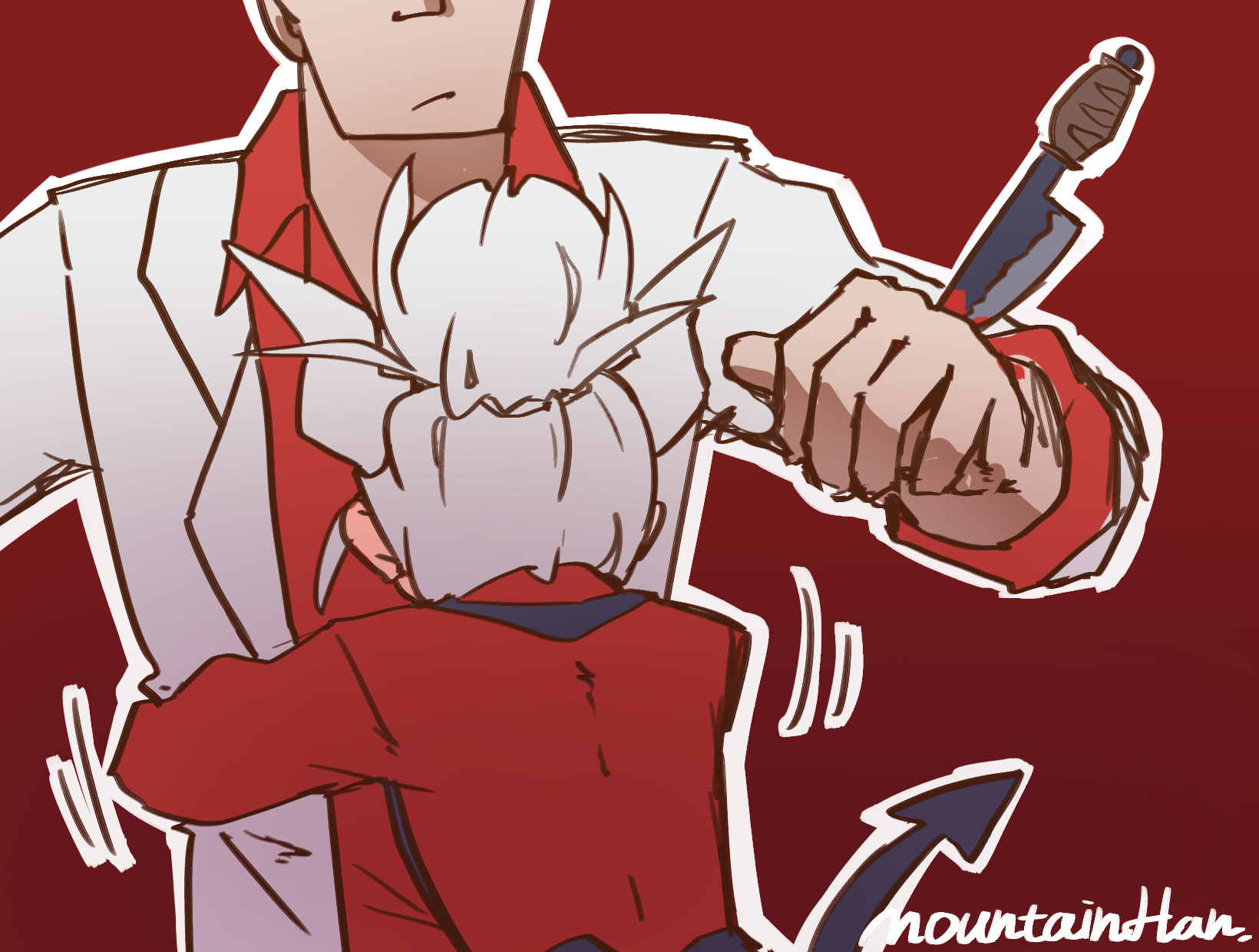 1boy 1girl blood commentary_request demon_girl demon_horns demon_tail height_difference helltaker helltaker_(character) highres horns hug kitchen_knife lucifer_(helltaker) mountain_han sad stab tail white_hair white_horns
