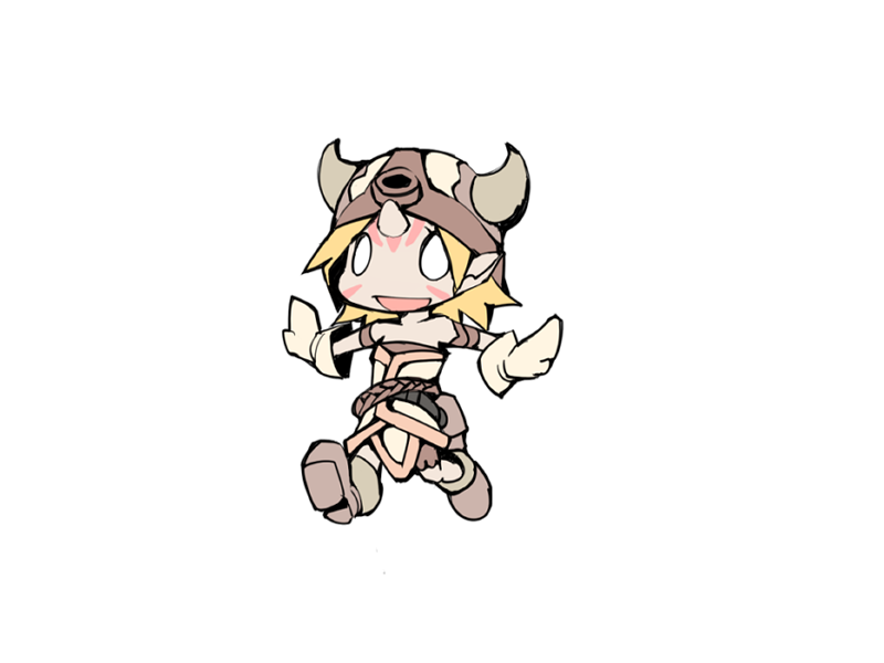 1girl :d bare_shoulders belt belt_pouch black_belt blank_eyes bmp-to-png_conversion brown_bag brown_headwear brown_shoes chibi facial_mark fake_horns frfr full_body game_cg gloves gob_(mon-musu_quest!) helmet horned_helmet horns mon-musu_quest! non-web_source open_mouth outstretched_arms pale_skin pointy_ears pouch running shoes simple_background single_horn smile solo transparent_background tunic white_gloves white_tunic