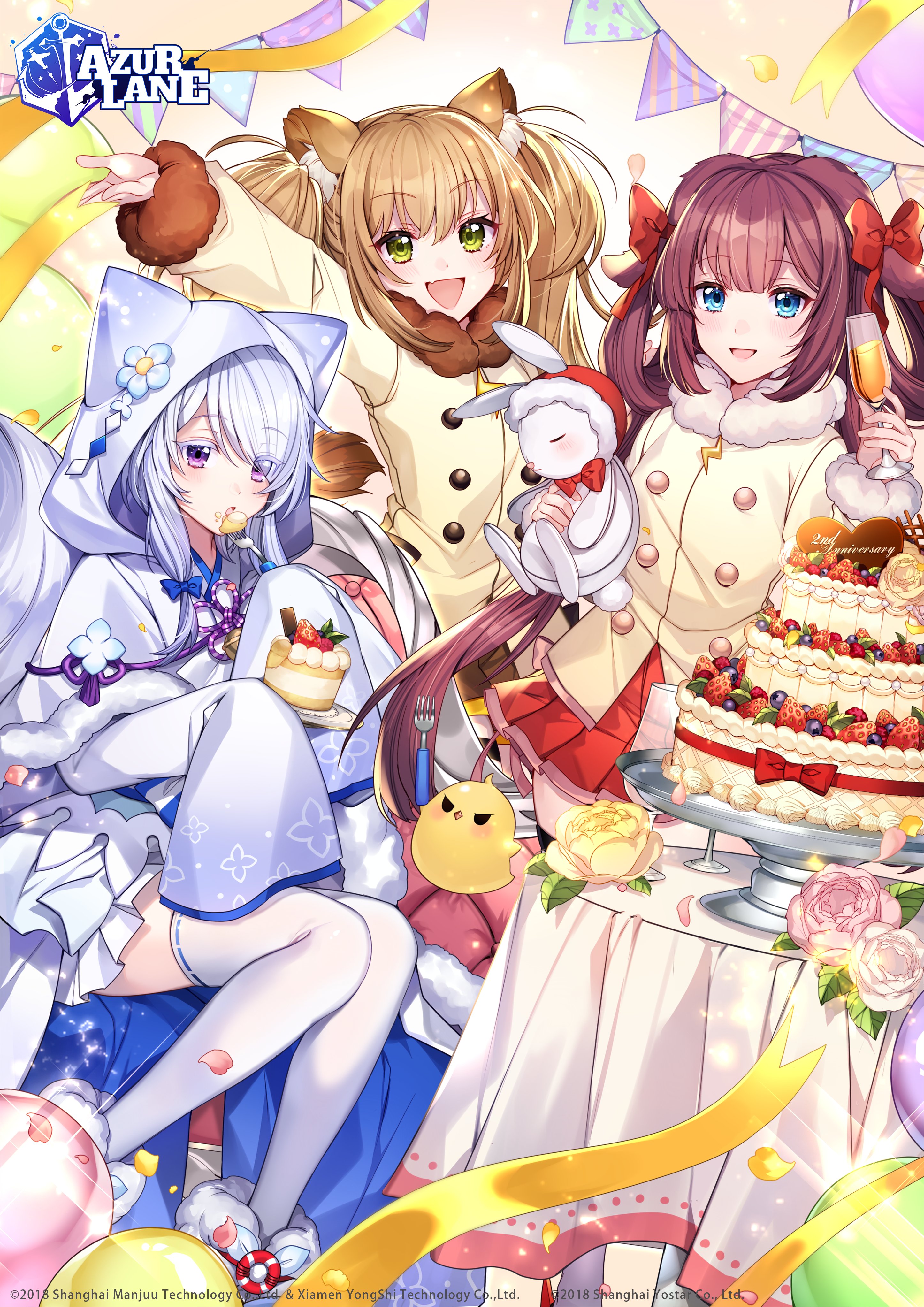 3girls absurdres alcohol azur_lane blue_eyes blush bow brown_hair cake coat company_name copyright_name cup drinking_glass eating food fork green_eyes hair_bow highres holding holding_cup holding_fork katagiri_hachigou kiyonami_(azur_lane) long_hair long_sleeves looking_at_viewer makinami_(azur_lane) multiple_girls open_mouth pleated_skirt purple_eyes red_bow red_skirt silver_hair sitting skirt sleeves_past_wrists smile table thighhighs twintails uranami_(azur_lane) very_long_hair white_legwear wine wine_glass