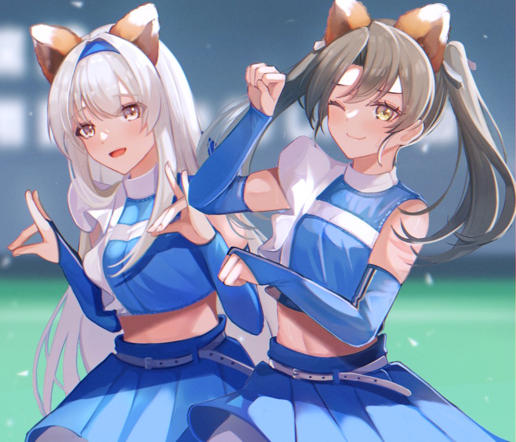 2girls animal_ears blue_skirt brown_eyes cheerleader closed_mouth double_fox_shadow_puppet fake_animal_ears fox_ears fox_shadow_puppet green_eyes green_hair hair_between_eyes hokkaido_nippon-ham_fighters kantai_collection kitsune_dance long_hair midriff multiple_girls navel nippon_professional_baseball one_eye_closed open_mouth pleated_skirt ranran_3939 shoukaku_(kancolle) skirt smile twintails white_hair zuikaku_(cheerleader)_(kancolle) zuikaku_(kancolle)