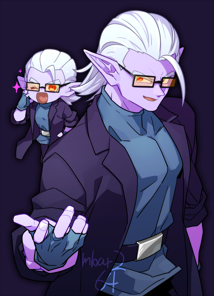1boy bad_id bad_pixiv_id belt black_jacket black_pants blazer chibi colored_skin commentary covered_pectorals demon dragon_ball dragon_ball_heroes fingerless_gloves floating_clothes fu_(dragon_ball) gamubanku glasses gloves hair_slicked_back hand_on_own_cheek hand_on_own_face hand_on_own_hip jacket looking_at_viewer male_focus medium_hair muscular muscular_male one_eye_closed open_clothes open_hand open_jacket open_mouth pants pectorals pointy_ears purple_background purple_skin red_eyes signature single_bang sleeves_rolled_up solo sparkle thick_eyebrows tinted_eyewear turtleneck twitter_username white_hair yellow-tinted_eyewear