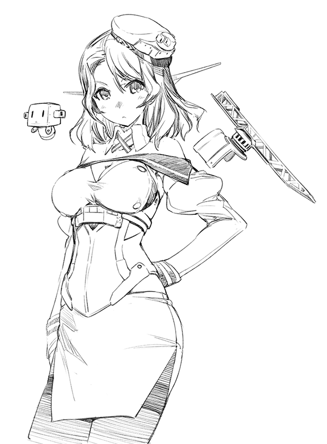 1girl aircraft_catapult breasts clothing_cutout concept_art detached_sleeves greyscale hair_ornament hat houston_(kancolle) kantai_collection living_clothes monochrome official_art pencil_skirt puffy_sleeves range_finder short_hair shoulder_cutout skirt sleeve_cuffs swept_bangs thighhighs zeco