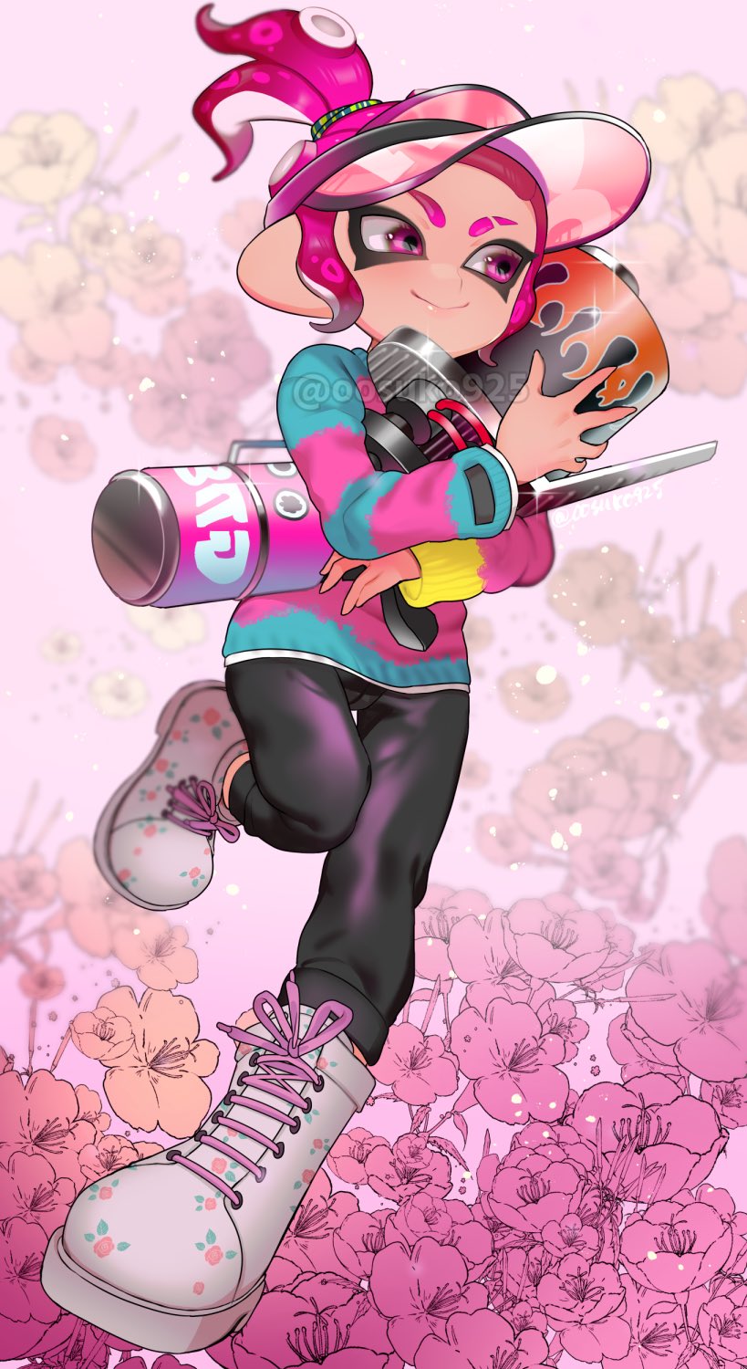 1girl black_pants blaster_(splatoon) blue_sweater boots closed_mouth commentary floral_background floral_print full_body glint hair_ornament hair_scrunchie hat highres holding holding_weapon hugging_object long_sleeves multicolored_sweater naoki_(oosuko) nintendo octoling octoling_girl octoling_player_character pants pink_eyes pink_hair pink_hat pink_sweater ponytail print_footwear scrunchie short_ponytail sidelocks smile solo splatoon_(series) standing standing_on_one_leg striped_clothes striped_sweater suction_cups sweater symbol-only_commentary tentacle_hair visor_cap watermark weapon white_boots yellow_sweater
