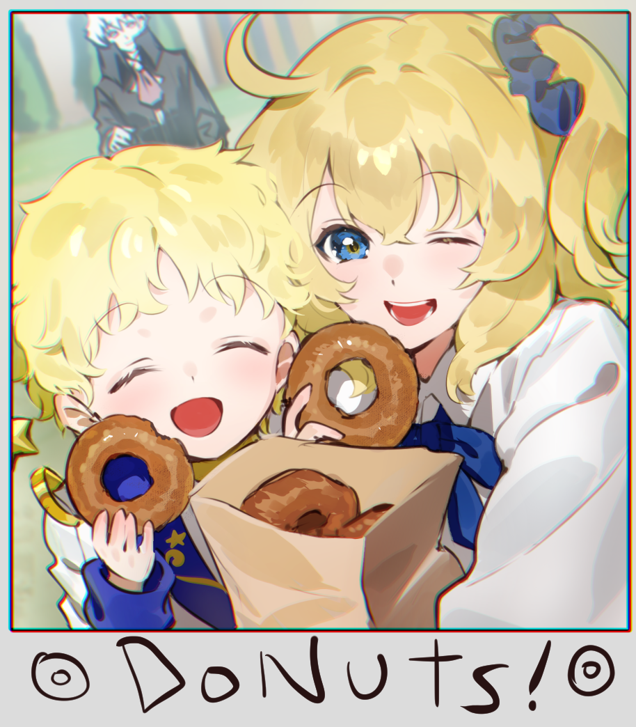 1girl 2boys ahoge alternate_eye_color alternate_hair_color bag blonde_hair blue_eyes blush breasts charles-henri_sanson_(fate) collared_shirt donut dress_shirt fate/grand_order fate/requiem fate_(series) food fujimaru_ritsuka_(female) fujimaru_ritsuka_(female)_(anniversary_blonde) galibo hair_ornament hair_scrunchie long_sleeves looking_at_viewer multiple_boys one_side_up open_mouth paper_bag parted_bangs scrunchie shirt short_hair smile voyager_(fate) voyager_(second_ascension)_(fate) white_shirt