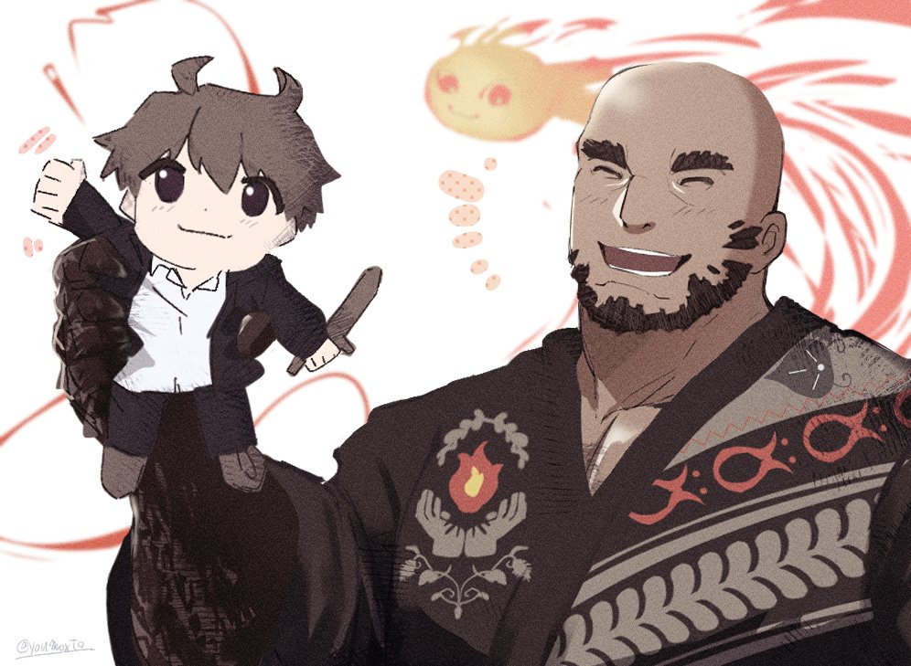 1boy ^_^ ai_manato bald bara beard black_kimono character_doll chest_hair closed_eyes dark-skinned_male dark_skin doll facial_hair fire flame_print holding holding_doll japanese_clothes kimono male_focus mature_male merchandise motion_lines muscular muscular_male pectoral_cleavage pectorals personification prometheus_(housamo) protagonist_4_(housamo) pyrokinesis short_hair solo thick_eyebrows tokyo_houkago_summoners upper_body waving