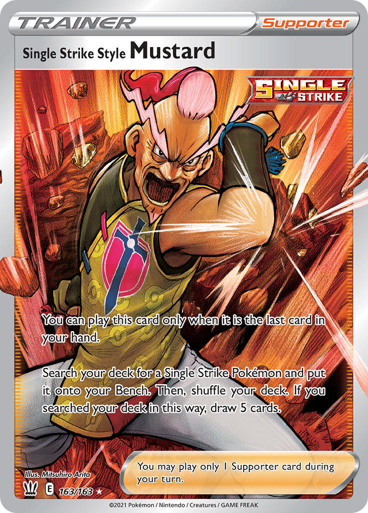 1boy arita_mitsuhiro arm_up artist_name card_(medium) character_name company_name copyright_name copyright_notice debris emphasis_lines english_text facial_hair gloves long_eyebrows lower_teeth_only male_focus multicolored_hair mustard_(pokemon) nintendo official_alternate_costume official_art old old_man open_mouth pants pokemon pokemon_card pokemon_swsh pokemon_tcg red_hair shirt single_glove sleeveless sleeveless_shirt solo teeth third-party_source trading_card two-tone_hair v-shaped_eyebrows white_hair white_pants yellow_shirt