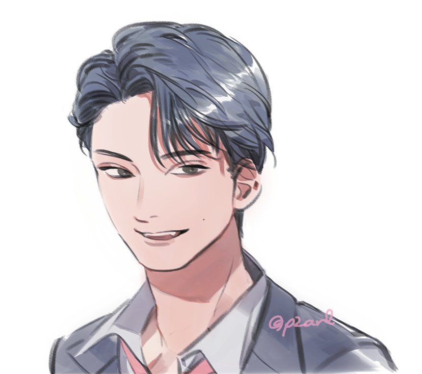 1boy close-up commentary_request grey_hair grey_vest k-pop korean_commentary looking_to_the_side male_focus mingyu mole necktie pearl8 pink_necktie real_life seventeen_(group) simple_background smile solo twitter_username upper_body vest white_background