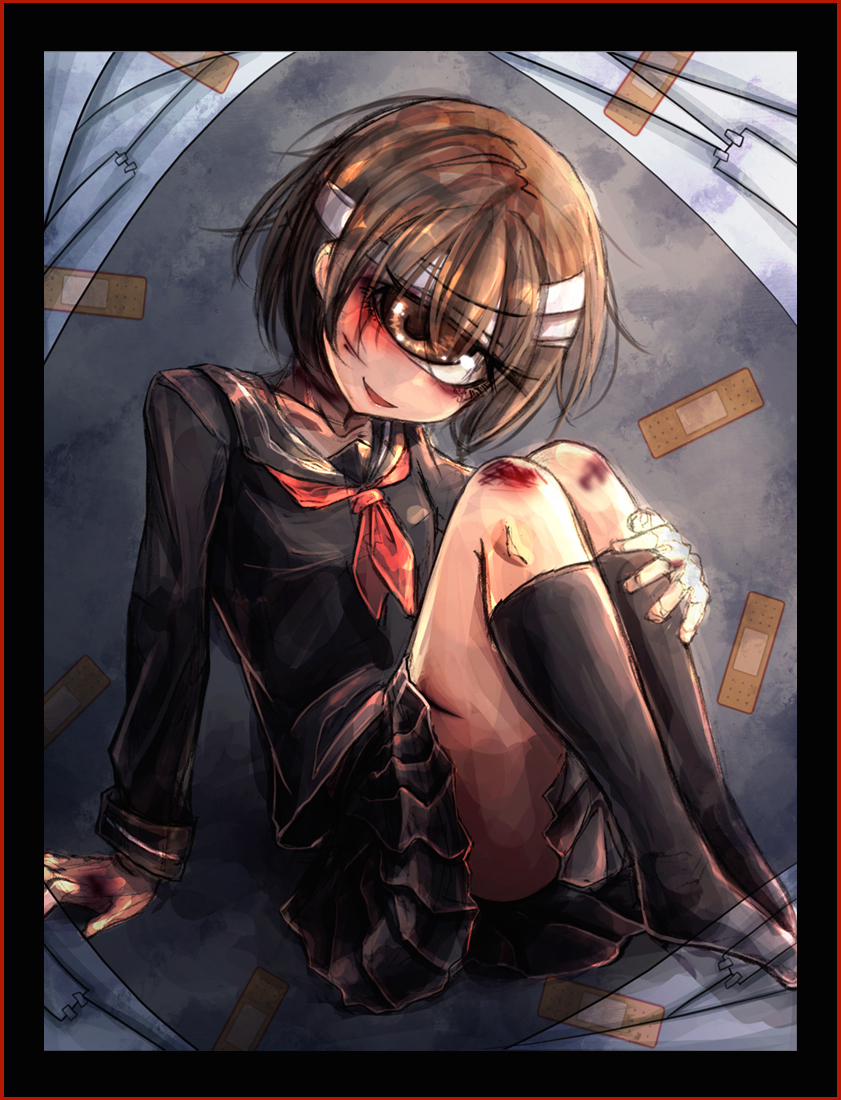 1girl bandaged_head bandages bandaid black_serafuku black_skirt black_socks border brown_eyes brown_hair cyclops female_focus head_tilt hitomebore injury kneehighs knees_to_chest looking_at_viewer no_shoes official_art one-eyed ray-k school_uniform scraped_knee serafuku short_hair sitting skirt smile socks solo usui_sachi