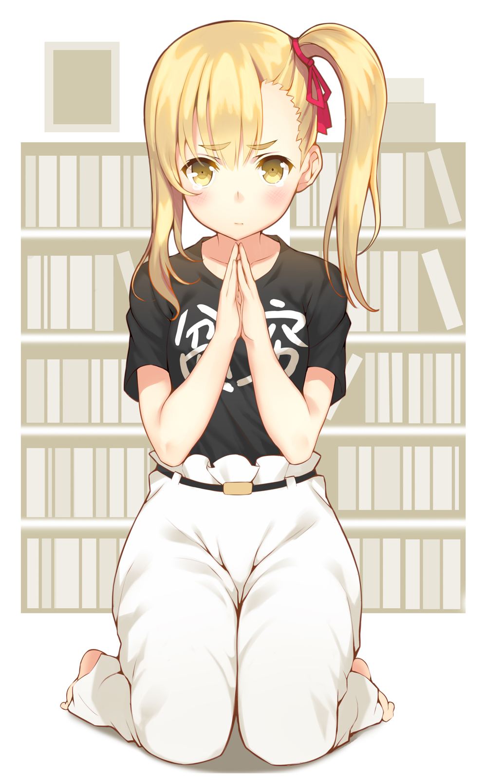 10s 1girl :/ anzu_(hinamatsuri) barefoot belt black_shirt blonde_hair closed_mouth clothes_writing female_focus full_body furrowed_brow hair_ribbon highres hinamatsuri_(manga) kazuzu kneeling looking_at_viewer own_hands_together pants red_ribbon ribbon shirt short_sleeves side_ponytail solo tears thick_eyebrows white_background white_pants yellow_eyes