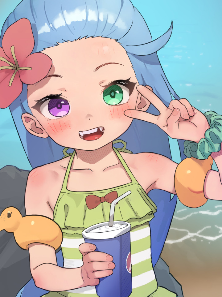 1girl bare_shoulders beach blue_eyes collarbone dot_nose eyelashes female_focus fingernails green_eyes green_one-piece_swimsuit hand_up heterochromia league_of_legends loli long_hair looking_at_viewer mimizuki90 missing_tooth ocean official_alternate_costume one-piece_swimsuit open_mouth pool_party_zoe purple_eyes sand smile soda solo striped_clothes striped_one-piece_swimsuit swimsuit teeth tongue upper_body v very_long_hair water white_one-piece_swimsuit zoe_(league_of_legends)