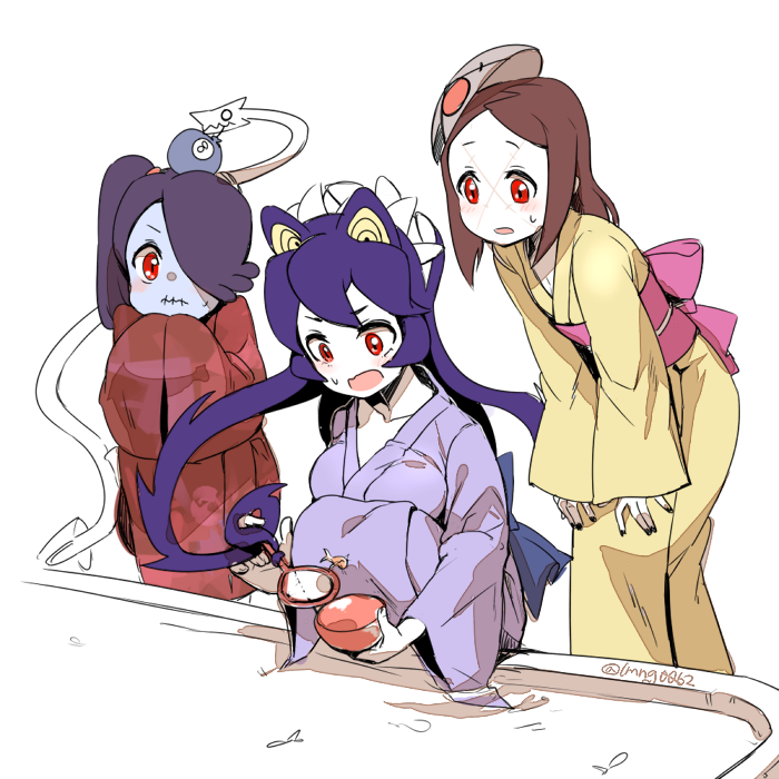 3girls bad_id bad_pixiv_id black_hair blue_hair blue_skin blush bowl breasts brown_hair carol_(skullgirls) colored_skin festival filia_(skullgirls) fish fishing flat_chest goldfish goldfish_scooping hairband hands_in_opposite_sleeves japanese_clothes kimono koi lenny_the_bomb leviathan_(skullgirls) long_hair mask mask_on_head monster_girl multiple_girls ng_(kimjae737) painwheel_(skullgirls) poi_(goldfish_scoop) prehensile_hair red_eyes ribbon samson_(skullgirls) side_ponytail skullgirls squatting squigly_(skullgirls) stitched_mouth stitches teeth water zombie