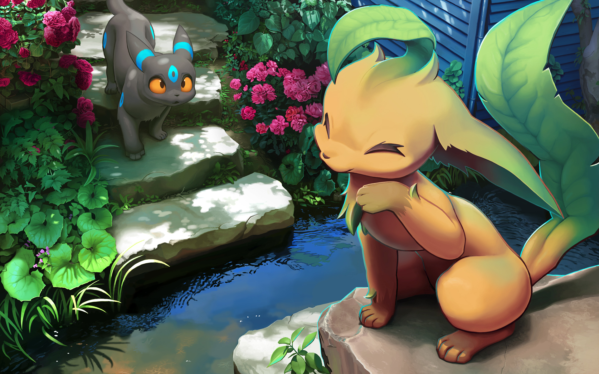 alternate_color closed_eyes flower gen_2_pokemon gen_4_pokemon highres leafeon lyc nature nintendo no_humans parted_lips pokemon pokemon_(creature) shiny_pokemon umbreon water
