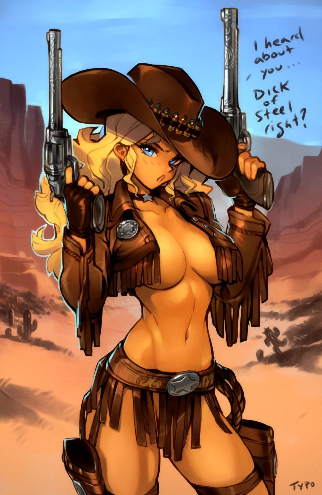 1girl blonde_hair breasts bullet cactus choker cowboy_hat desert dual_wielding english_text final_fantasy galgrease gun handgun hat holding juliona_trans looking_at_viewer midriff navel no_bra no_panties open_clothes open_mouth optionaltypo revolver sabotender sheriff_badge signature solo weapon cowboy_western wild_wet_west