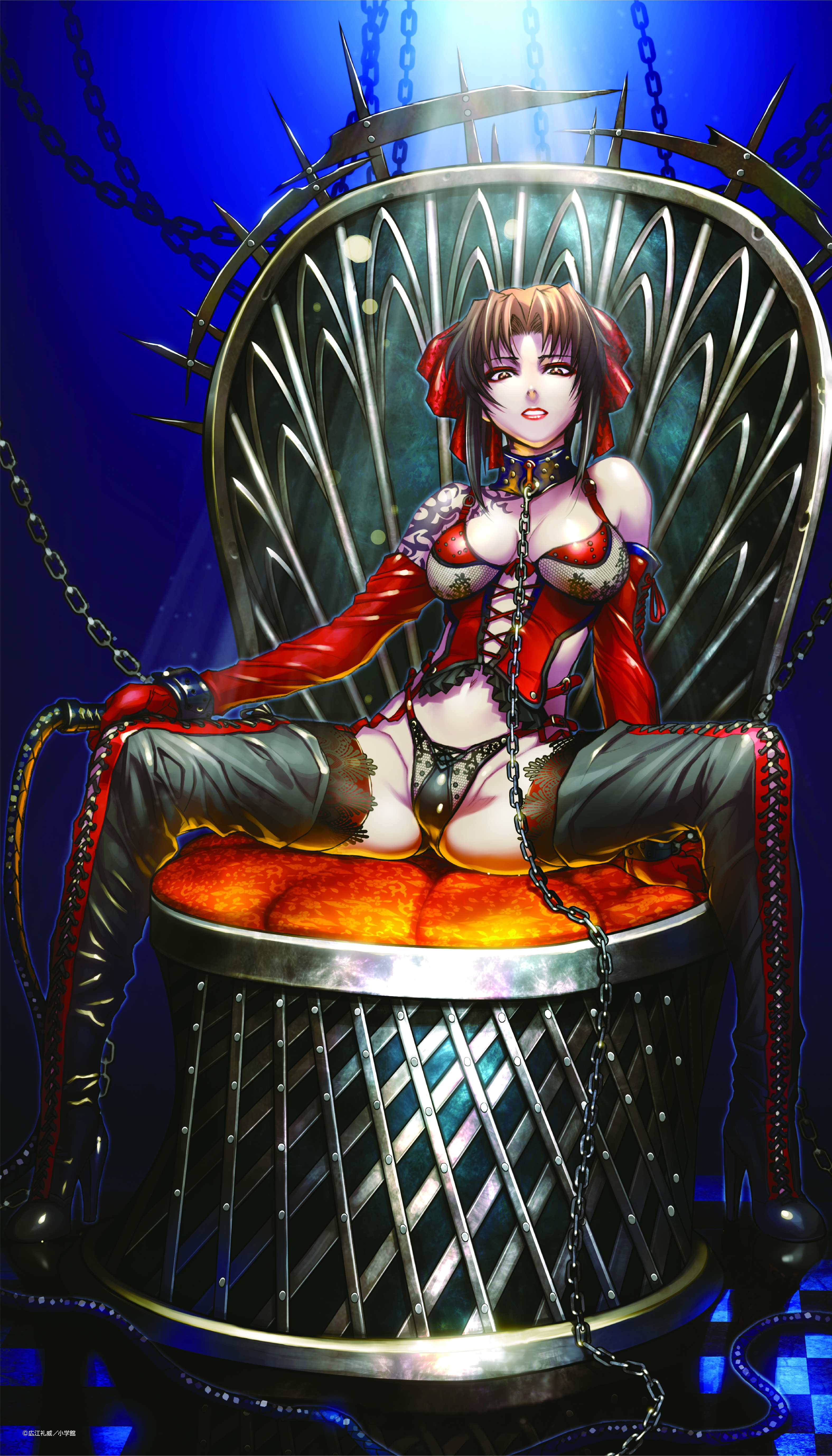 1girl absurdres bdsm black_lagoon bondage boots bound bow breasts brown_eyes brown_hair bustier chain chair cleavage collar cuffs detached_sleeves dominatrix gloves hair_bow hair_ribbon highres hiroe_rei large_breasts leash lingerie lipstick long_hair makeup official_art revy_(black_lagoon) ribbon shoelaces short_hair solo spikes spread_legs tattoo thigh_boots thighhighs throne underwear whip yellow_eyes