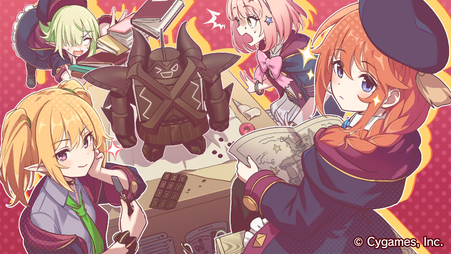 4girls aoi_(princess_connect!) beret blank_eyes blue_eyes blueprint_(object) braid candy chieru_(princess_connect!) chloe_(princess_connect!) chocolate chocolate_bar closed_mouth desk fallen_down food green_necktie hair_over_one_eye hat logo multiple_girls necktie official_art open_mouth orange_hair pantyhose pink_hair pink_ribbon pointy_ears princess_connect! ribbon school_uniform simple_background sparkle statue surprised sweatdrop twintails yuni_(princess_connect!)