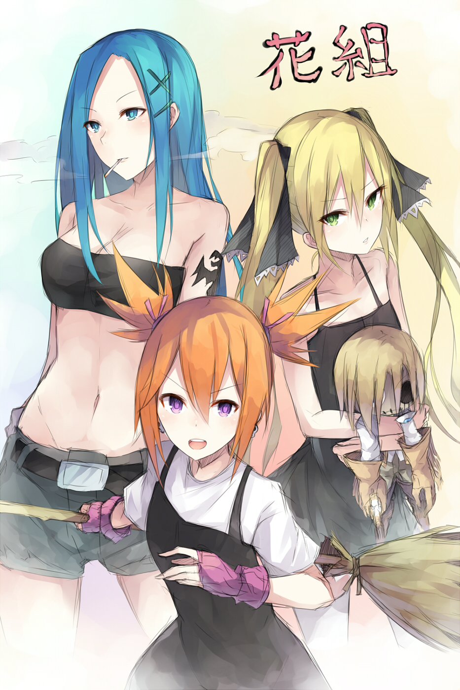 3girls bandeau bare_shoulders blonde_hair blue_eyes blue_hair breasts chuck_(shaman_king) cigarette cleavage doll fingerless_gloves flat_chest gloves green_eyes highres kanna_bismarch keid long_hair looking_at_viewer marion_phauna matilda_matisse midriff multiple_girls open_mouth orange_hair parted_lips purple_eyes shaman_king short_hair shorts sketch smile smoking spaghetti_strap strapless tattoo tube_top twintails voodoo_doll