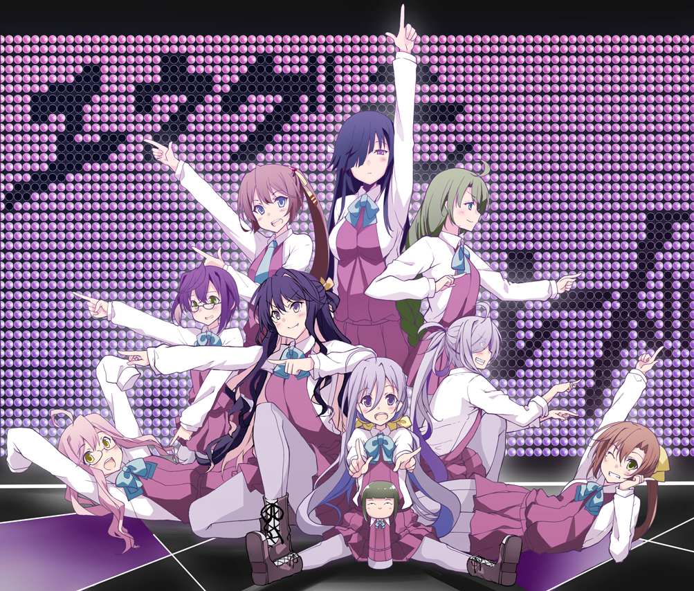 10s 6+girls :d ;d ahoge akigumo_(kancolle) arm_support arm_up arms_up asashimo_(kancolle) black_hair black_ribbon blue_bow blue_bowtie blue_eyes blunt_bangs blush boots bow bowtie braid breasts brown_footwear character_doll closed_mouth collared_shirt death_parade doll dress footwear_ribbon full_body glasses green_eyes green_hair grey_legwear grin hair_between_eyes hair_ornament hair_over_one_eye hair_scrunchie hand_on_own_cheek hand_on_own_face hands_in_opposite_sleeves hayashimo_(kancolle) index_finger_raised kantai_collection kazagumo_(kancolle) kiyoshimo_(kancolle) knee_boots kokeshi kusano_(torisukerabasu) lace-up_boots long_hair long_sleeves looking_at_viewer low_twintails makigumo_(kancolle) medium_breasts multicolored_hair multiple_girls naganami_(kancolle) okinami_(kancolle) on_one_knee one_eye_closed open_mouth pantyhose pink_hair pointing pointing_up ponytail profile purple_eyes purple_hair ribbon round_teeth scrunchie shirt silver_hair single_braid sleeveless sleeveless_dress sleeves_past_wrists smile spread_legs standing takanami_(kancolle) tareme teeth twintails very_long_hair vest white_shirt wing_collar yuugumo_(kancolle)