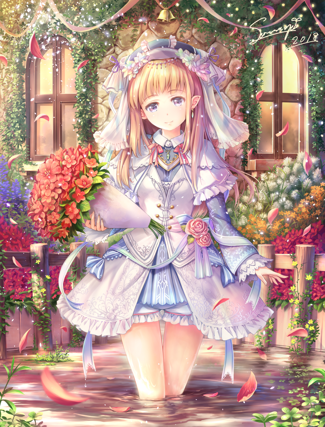 1girl 2018 bouquet bridal_veil dress earrings elf fantasy fence flower frilled_dress frilled_shorts frills head_tilt highres jewelry light_particles long_hair looking_at_viewer original outdoors pendant petals plant pointy_ears puffy_shorts purple_eyes ribbon short_shorts shorts shorts_under_dress signature smile soraizumi veil vines wading walking water water_drop window