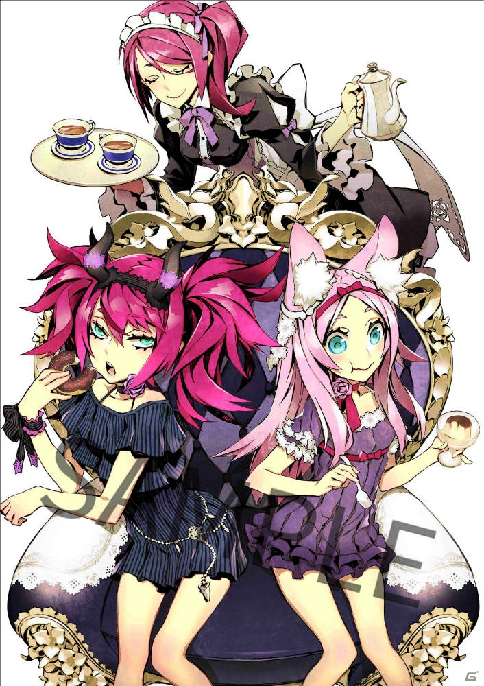 3girls 7th_dragon_(series) 7th_dragon_iii alternate_costume animal_ears aogiri_(7th_dragon) apron azerin_(7th_dragon) blue_eyes blush bow bowtie bra_strap closed_eyes collar cup donut dress eating flower food fox_ears frills furanmu_(7th_dragon) god-hand_(7th_dragon) horns long_hair looking_at_viewer mage_(7th_dragon) maid maid_apron maid_headdress miwa_shirow multiple_girls official_art open_mouth pink_hair ponytail pudding purple_hair ribbon sample_watermark saucer short_hair side_ponytail sitting smile spoon teacup teapot thighs throne tray twintails watermark wrist_cuffs
