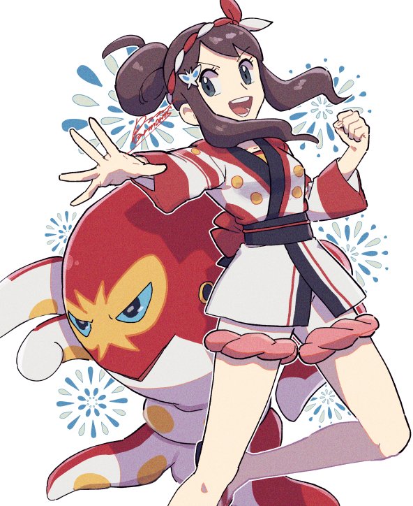 1girl :d alternate_color black_sash brown_hair clenched_hand commentary_request eyelashes gen_8_pokemon grapploct green_eyes hair_ornament hairband half_updo hilda_(pokemon) hilda_(summer_2022)_(pokemon) jacket nintendo official_alternate_costume open_mouth pokemon pokemon_(creature) pokemon_masters_ex sagemaru-br sash shiny_pokemon shorts sidelocks smile spread_fingers teeth tongue white_jacket white_shorts