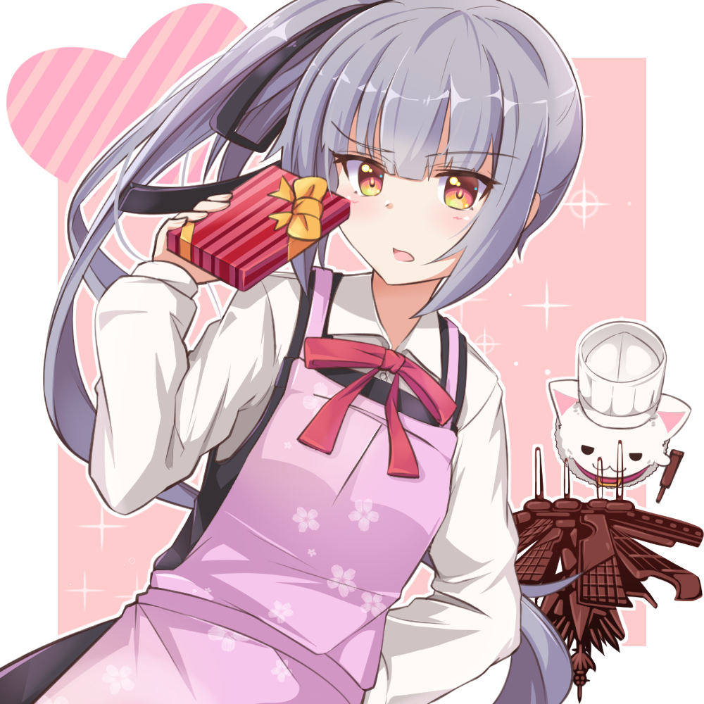 1girl apron black_dress black_ribbon box brown_eyes chocolate creature dress food gift gift_box grey_hair hair_ribbon holding holding_chocolate holding_food holding_gift kantai_collection kasumi_(kancolle) kasumi_kai_ni_(kancolle) long_sleeves neck_ribbon pinafore_dress pink_apron red_ribbon ribbon shirt side_ponytail sleeveless sleeveless_dress utouto valentine white_shirt