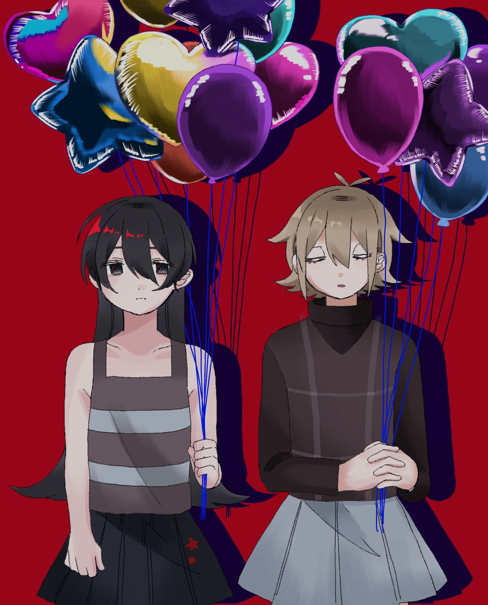 2girls balloon black_hair black_skirt blonde_hair closed_eyes glowing glowing_hair grey_skirt hair_between_eyes heart_balloon highres holding holding_balloon horizontal-striped_clothes jiaojiao light_frown long_hair multiple_girls own_hands_clasped own_hands_together plaid_clothes plaid_sweater purple_sweater purple_vest red_background shadow shimako_(yume_2kki) short_bangs short_hair simple_background skirt star_balloon striped_clothes striped_singlet striped_tank_top sweater tank_top turtleneck turtleneck_sweater urotsuki vest yume_2kki