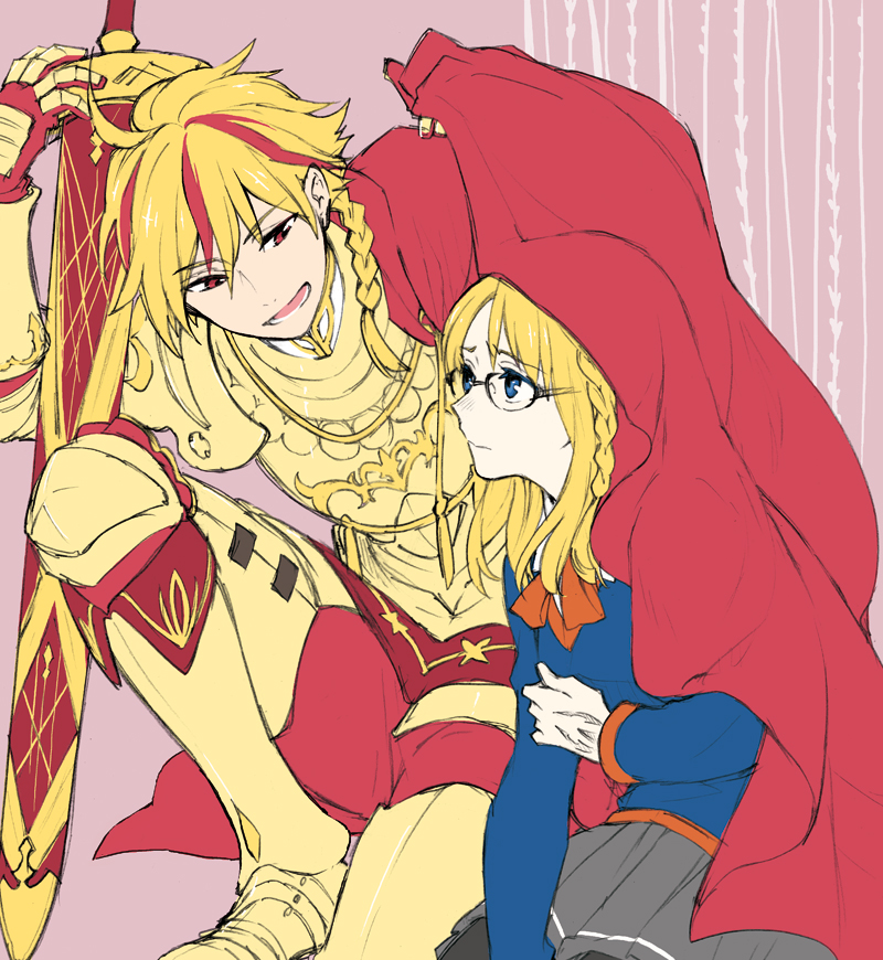 1boy 1girl armor blonde_hair blue_skirt cape covering_head fate/strange_fake fate_(series) glasses grey_skirt holding holding_sword holding_weapon isshoku_(shiki) long_hair pink_background red_cape red_eyes richard_i_(fate) sajou_ayaka_(fate/prototype) sajou_ayaka_(fate/strange_fake) scabbard school_uniform sheath skirt smile sword weapon yellow_armor