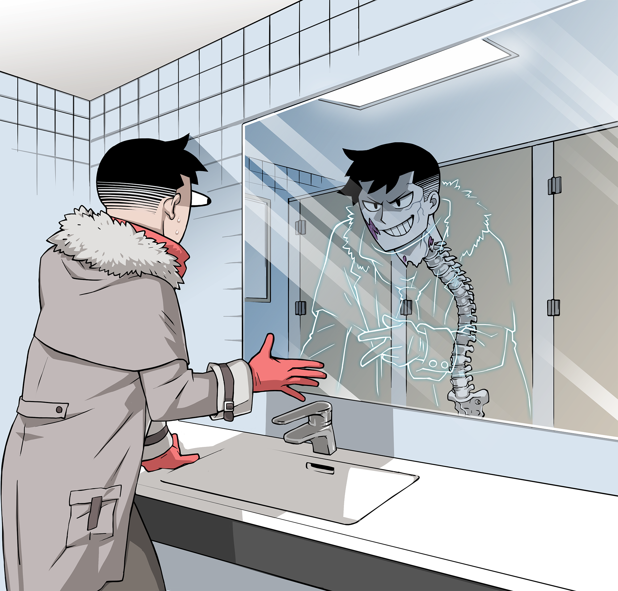 2boys bandana coat dark_persona darkest_dungeon fur_trim ghost gloves highres highwayman_(darkest_dungeon) mirror multiple_boys overcoat red_gloves reflection public_restroom scar short_hair spine time_paradox undead varamill