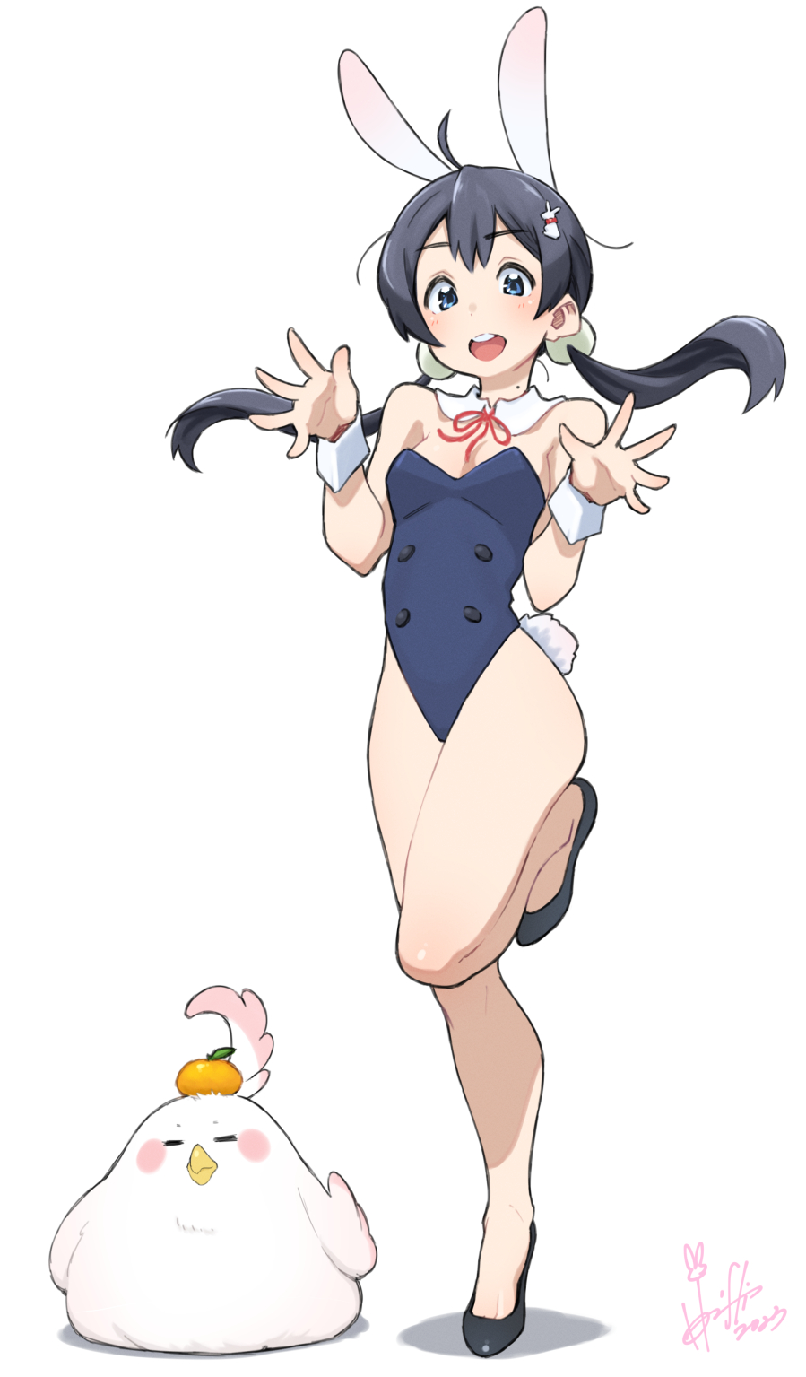 1girl adapted_costume animal_ears bare_legs bird black_footwear black_hair blue_eyes blue_leotard commentary_request dera_mochimazzui detached_collar food food-themed_hair_ornament food_on_head fruit fruit_on_head high_heels highres hori_shin kitashirakawa_tamako leotard long_hair looking_at_viewer low_twintails mandarin_orange mochi_hair_ornament neck_ribbon object_on_head open_mouth playboy_bunny rabbit_ears rabbit_tail red_ribbon ribbon round_teeth simple_background smile tail tamako_market teeth twintails upper_teeth_only white_background wrist_cuffs