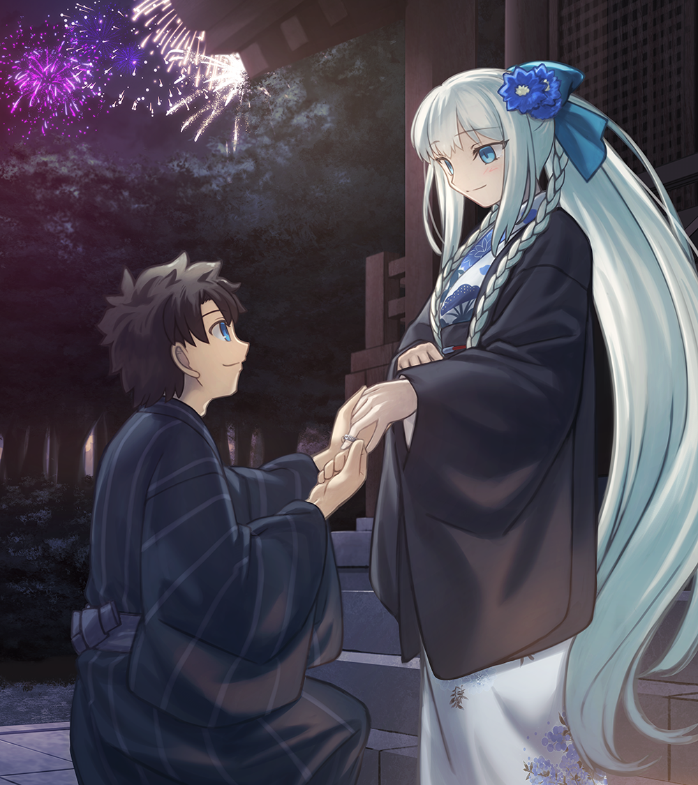 black_hair blue_eyes blue_flower blue_ribbon braid commentary_request commission eye_contact fate/grand_order fate_(series) fireworks flower fujimaru_ritsuka_(male) grey_hair hair_flower hair_ornament hair_ribbon japanese_clothes jewelry kimono long_hair looking_at_another marriage_proposal morgan_le_fay_(fate) morgan_le_fay_(fgo_fes._2023)_(fate) night outdoors pixiv_commission ponytail ribbon ring shoori_(migiha) twin_braids very_long_hair