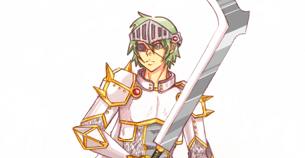 1boy armor breastplate cape chainmail closed_mouth commentary english_commentary expressionless eyepatch green_hair grey_eyes holding holding_sword holding_weapon looking_afar male_focus pauldrons pickacolour ragnarok_online rune_knight_(ragnarok_online) short_hair shoulder_armor simple_background solo spiked_pauldrons sword upper_body visor_(armor) weapon white_background white_cape
