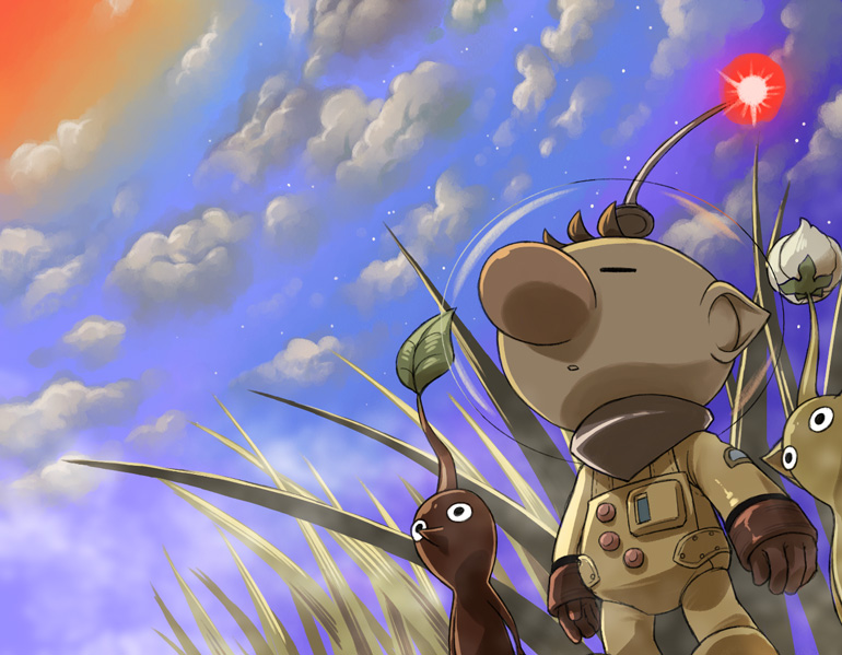 1boy big_nose black_eyes blue_sky brown_hair bud buttons closed_eyes cloud colored_skin commentary_request fog foot_out_of_frame gloves grass helmet leaf looking_ahead looking_up naru_(wish_field) nintendo no_mouth olimar outdoors parted_lips patch pikmin_(creature) pikmin_(series) pointy_ears pointy_nose radio_antenna red_gloves red_light red_pikmin red_skin short_hair sky space_helmet spacesuit star_(sky) sun very_short_hair yellow_pikmin yellow_skin