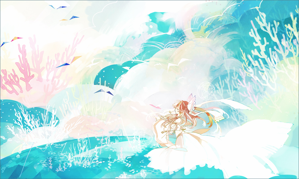 10t_(1010) 1girl bare_shoulders border bow brown_hair cloud colorful coral detached_sleeves closed_eyes female_focus gohei hair_bow hair_tubes hakurei_reimu japanese_clothes long_hair long_skirt midriff miko origami skirt solo surreal touhou wide_sleeves
