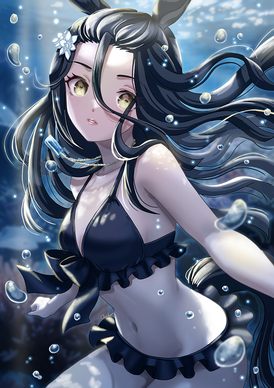 1girl air_bubble animal_ears bikini black_bikini black_hair breasts bubble flower hair_between_eyes hair_flower hair_ornament highres horse_ears horse_girl lips long_hair looking_at_viewer manhattan_cafe_(the_bubbles_that_i_see_with_you)_(umamusume) manhattan_cafe_(umamusume) navel otono_(bkt4b) parted_lips small_breasts solo submerged swimsuit umamusume underwater yellow_eyes