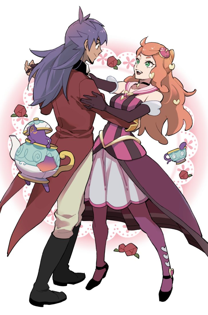 1boy 1girl :d bare_shoulders black_footwear boots closed_mouth commentary_request crack crown cup dancing elbow_gloves eyelashes flower game_freak gen_8_pokemon gloves green_eyes hair_down holding_hands leon_(pokemon) long_hair long_sleeves mini_crown nintendo official_alternate_costume open_mouth orange_hair pants pantyhose pokemon pokemon_(creature) pokemon_masters_ex pokemon_swsh polteageist purple_hair purple_pantyhose red_flower shoes sinistea smile sonia_(pokemon) sonia_(special_costume)_(pokemon) standing tailcoat teacup teapot teeth tongue upper_teeth_only yuden_33
