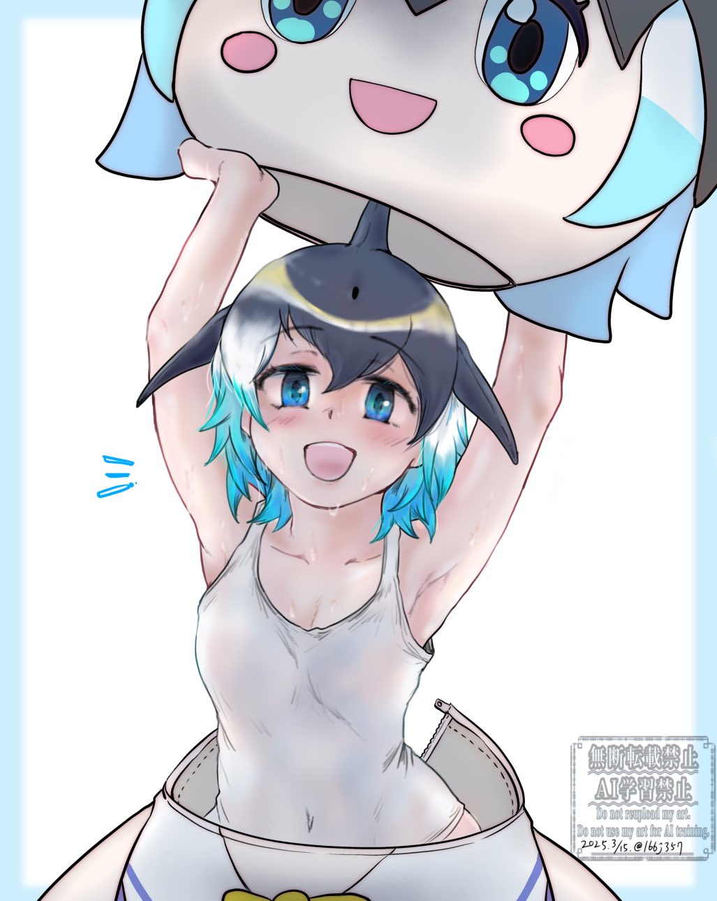 1girl bare_shoulders black_hair blonde_hair blowhole blue_eyes blue_hair blush common_dolphin_(kemono_friends) cowboy_shot dolphin_girl dorsal_fin fins hair_between_eyes head_fins highres holding_mascot_head kemono_friends mascot_costume navel open_mouth saja_(166j357) shirt short_hair sidelocks sleeveless smile solo sweatdrop tank_top white_hair white_shirt