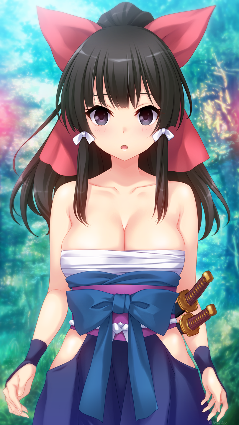1girl bare_shoulders black_eyes black_hair blush bow breasts chest_sarashi collarbone dress hair_between_eyes hair_bow hair_ornament high_ponytail highres irori_(irorixc) isekai_wa_smartphone_to_tomo_ni. japanese_clothes katana kokonoe_yae large_breasts long_hair looking_at_viewer open_mouth ponytail red_bow ribbon sarashi skirt solo sword weapon
