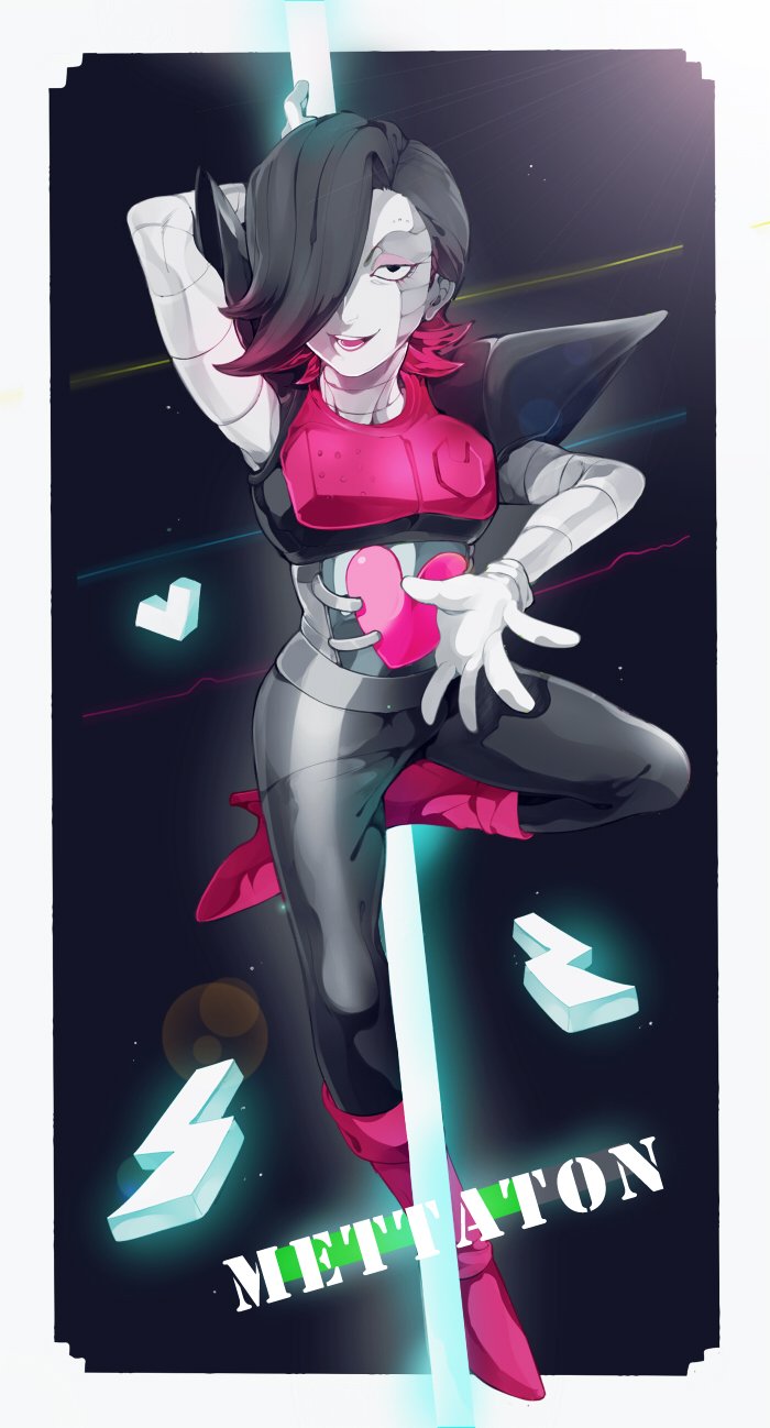 1boy arm_behind_head bad_id bad_twitter_id boots character_name gloves hair_over_one_eye heart highres lightning_bolt_symbol male_focus mettaton mettaton_ex reticulum robot smile solid_eyes solo undertale white_gloves