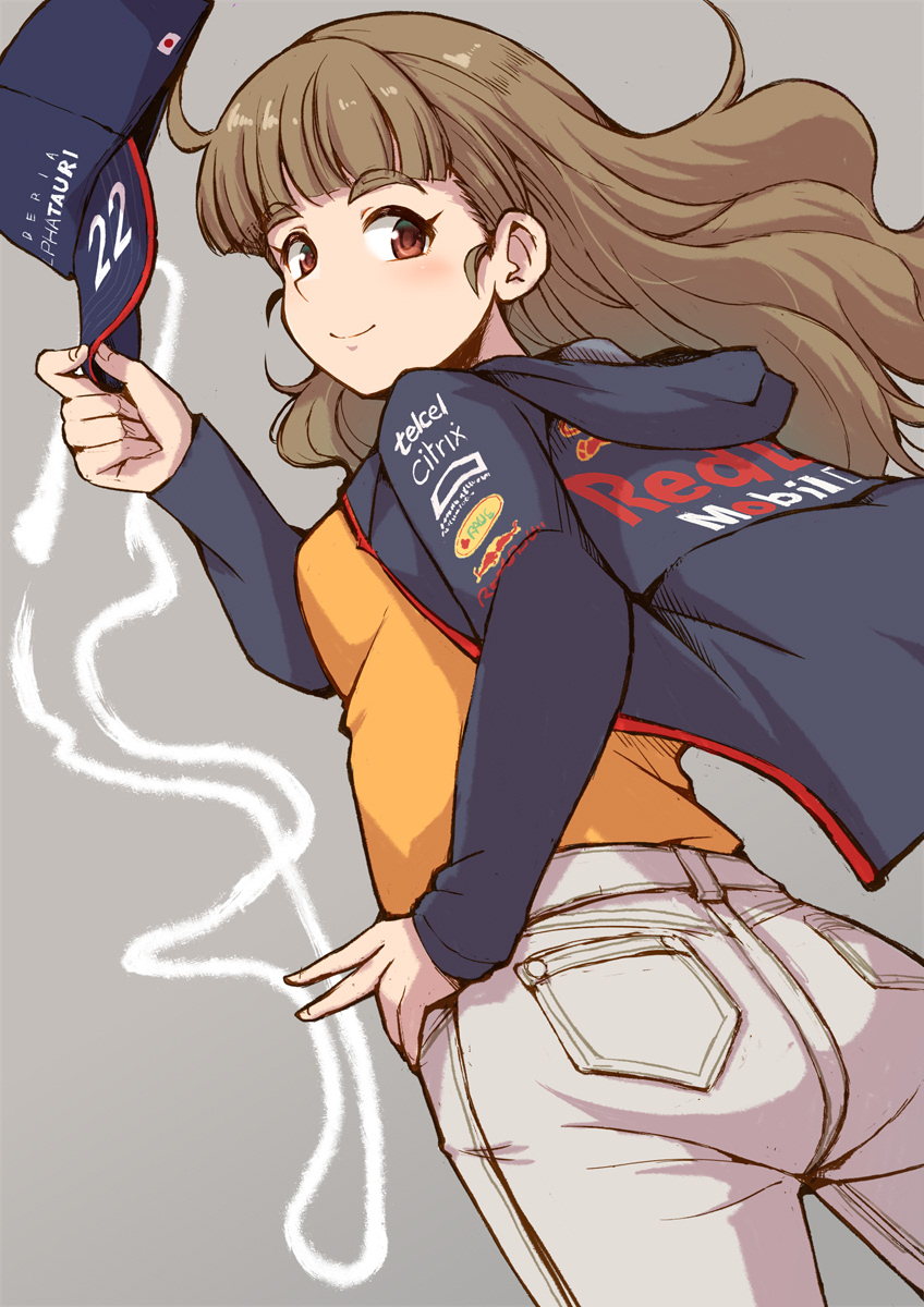 1girl alternate_hairstyle ass blue_hat blue_hoodie blunt_bangs blush breasts brown_hair closed_mouth commentary from_behind grey_background hand_on_own_hip hand_up hat highres holding holding_unworn_clothes holding_unworn_hat hood hood_down hoodie idolmaster idolmaster_cinderella_girls idolmaster_cinderella_girls_starlight_stage kamiya_nao long_hair long_sleeves looking_at_viewer looking_back medium_breasts open_clothes open_hoodie orange_shirt pants red_eyes satomura_kyou shirt smile solo suzuka_circuit thick_eyebrows unworn_hat unworn_headwear v white_pants