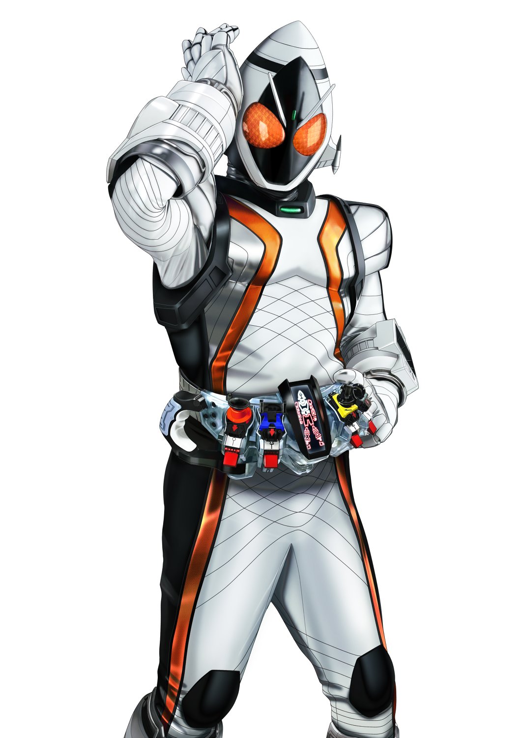 1boy antennae armor astro_switch astronaut base_states commentary_request rider_belt fourze_driver gloves helmet highres kamen_rider kamen_rider_fourze kamen_rider_fourze_(series) male_focus masukudo_(hamamoto_hikaru) orange_eyes rider_belt rocket rocket_ship science_fiction space_helmet spacecraft standing white_armor white_background white_gloves