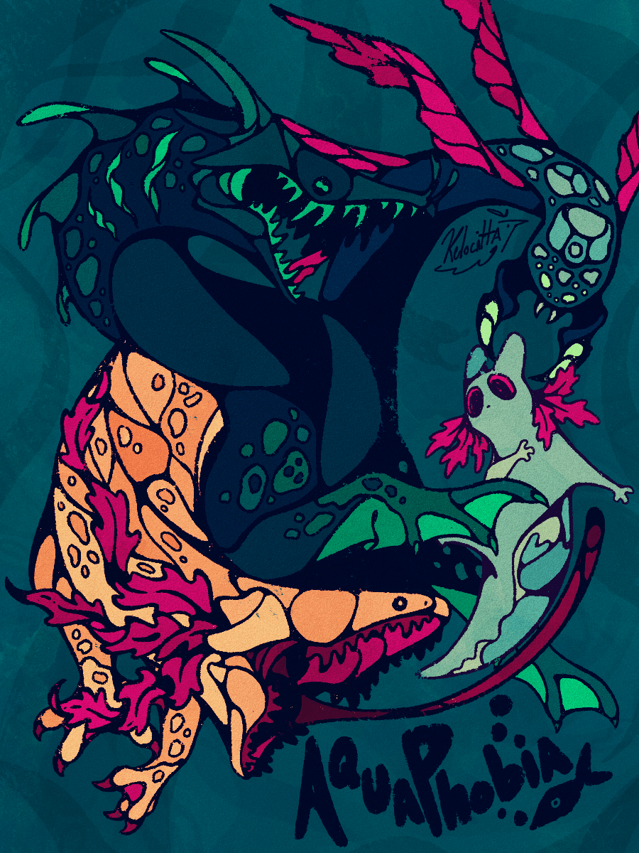 aquapede_(rain_world) axolotl blue_background bug centipede_(rain_world) claws colored_teeth creature dragon eel_lizard_(rain_world) english_text fish green_teeth highres kelocitta lizard lizard_(rain_world) monster no_humans rain_world red_teeth rivulet_(rain_world) salamander_lizard_(rain_world) sharp_teeth signature slugcat teeth wings