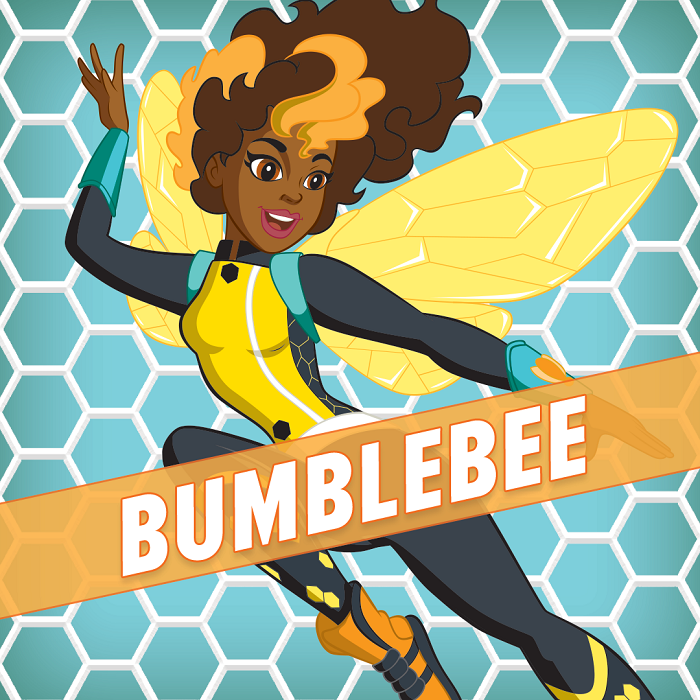 1girl artist_request brown_eyes brown_hair bumble_bee character_name dark_skin dark-skinned_female dc_comics female_focus flying honeycomb_pattern insect_wings karen_beecher long_sleeves multicolored_hair open_mouth smile solo source_request two-tone_hair wings