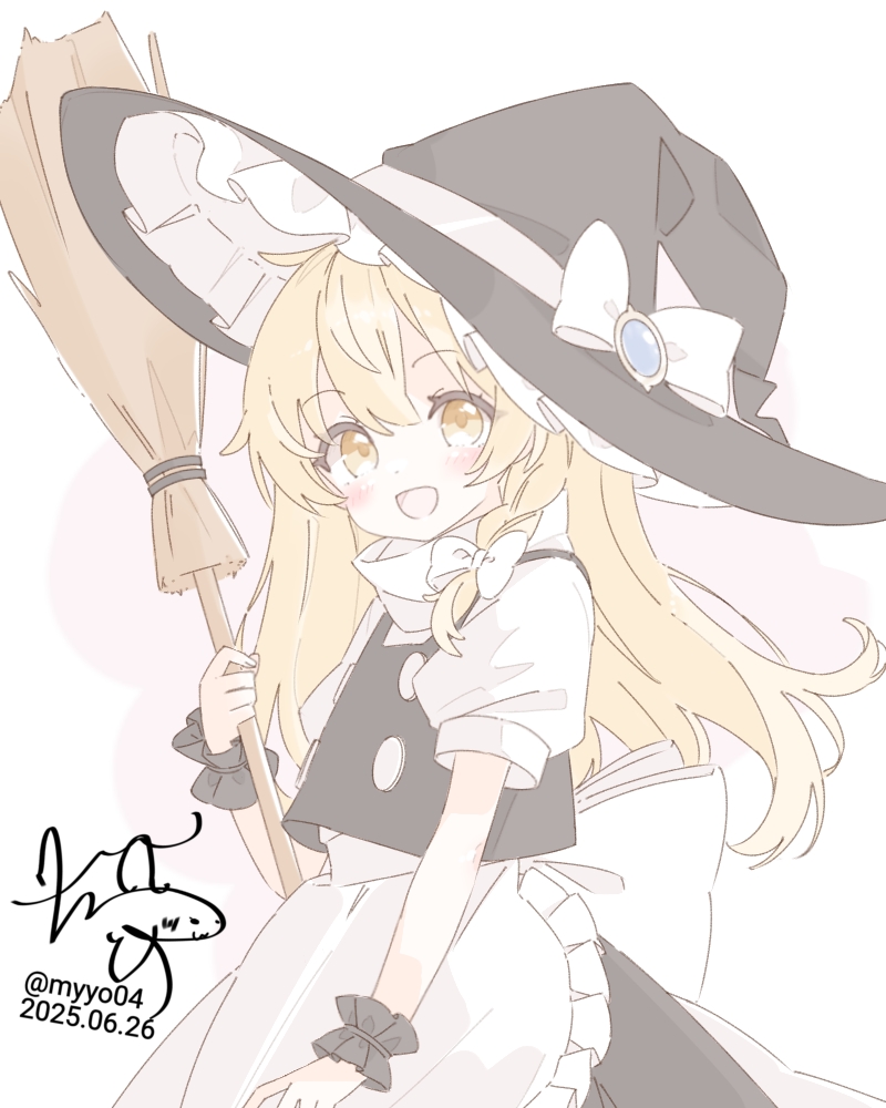 1girl apron black_dress black_hat black_wrist_cuffs blonde_hair bow braid broom chame_(myyo04) cowboy_shot dated dress frilled_apron frilled_wrist_cuffs frills hat hat_bow holding holding_broom kirisame_marisa long_hair looking_at_viewer open_mouth short_sleeves signature simple_background smile solo touhou white_apron white_background white_bow witch_hat wrist_cuffs yellow_eyes